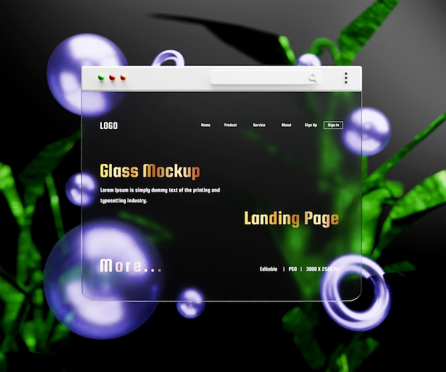 PSD 3d-landing-seiten-mockup mit glasmorphismus-effekt oder 3d-web-interface-präsentationsmockup