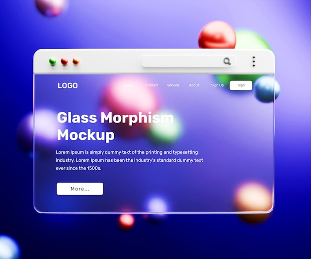 3d-landingpage-mockup mit glasmorphismus-effekt oder 3d-webinterface-präsentationsmockup