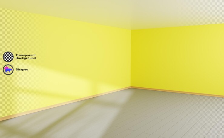 PSD 3d-leere-zimmer-ecke mit licht- und fensterschatten-textur realistische darstellung der innenperspektive des hauses mit gelbem wandboden und decke sommer-sonnen-szene büro- oder studio-mockup