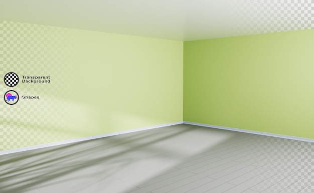 3D-Leere-Zimmer-Ecke mit Sonnenlicht Realistische Darstellung der Innenperspektive des Hauses mit hellgrüner Wand natürlicher grauer Holzboden weiße Decke Eko-Hotel-Büro- oder Studio-Mockup