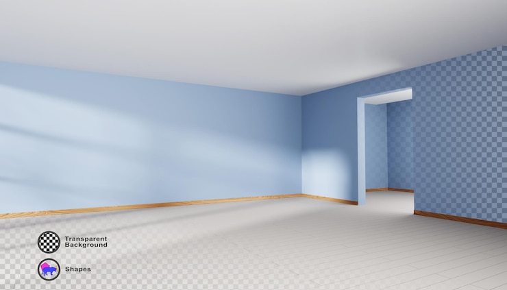 PSD 3d-leere zimmer-ecke mit türöffnung rendern moderne haus- oder büro-innenperspektive mit licht und fensterschatten auf blauer wand holzbeige-boden weiße decke und flur eingang 3d-illustration