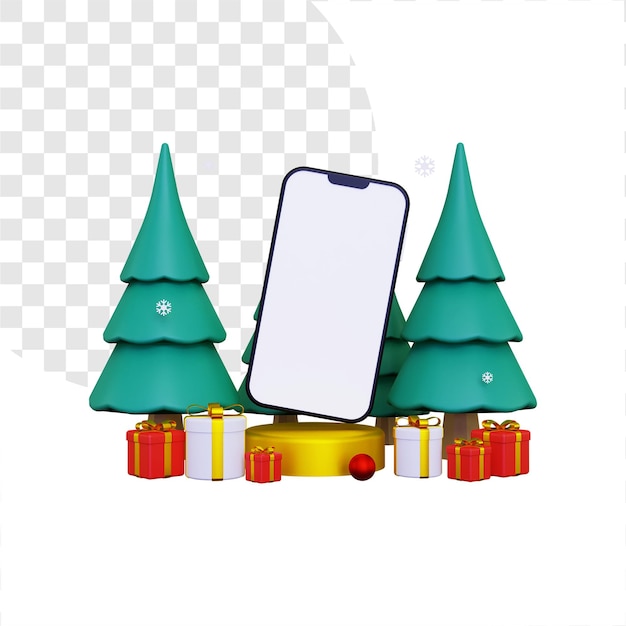 3d leeres smartphone mit weihnachtsbaum und geschenkbox