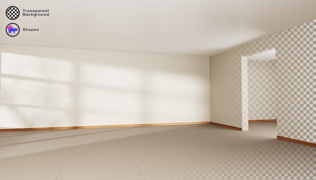 3d-leeres Zimmerinterieur mit Türöffnung Modernes Wohnzimmer Büro oder Studio mit Licht und Fensterschatten auf beige Wand Holzboden und weiße Decke Eckansicht mit Flur-Eingang