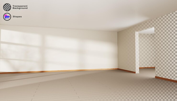 PSD 3d-leeres zimmerinterieur mit türöffnung modernes wohnzimmer büro oder studio mit licht und fensterschatten auf beige wand holzboden und weiße decke eckansicht mit flur-eingang