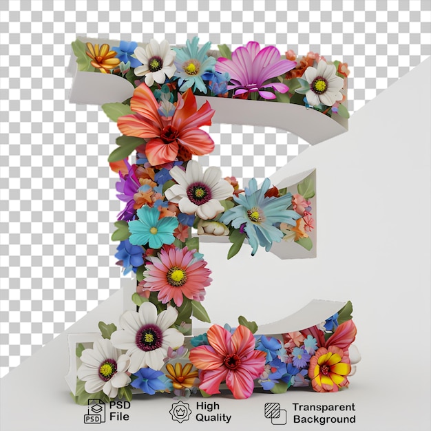 3d letra e con flores aisladas en fondo transparente incluye archivo png