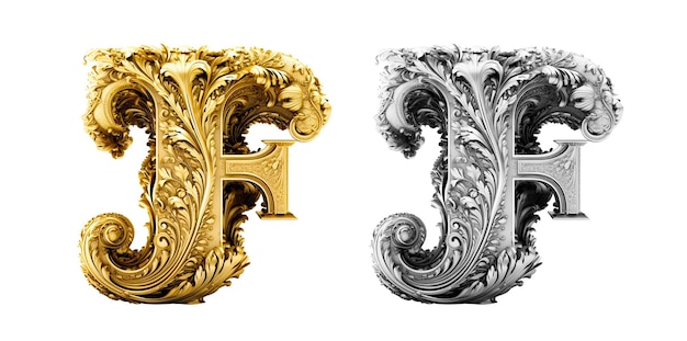 3d lettera f sfondo bianco oro e argento