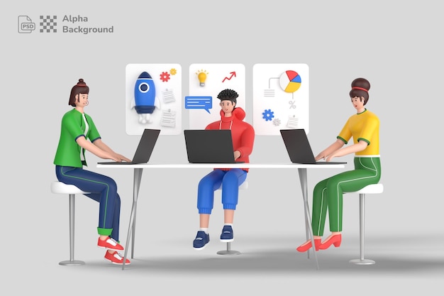 3D lidé zakládající podnikatelský projekt a spolupracující 3D ilustrace