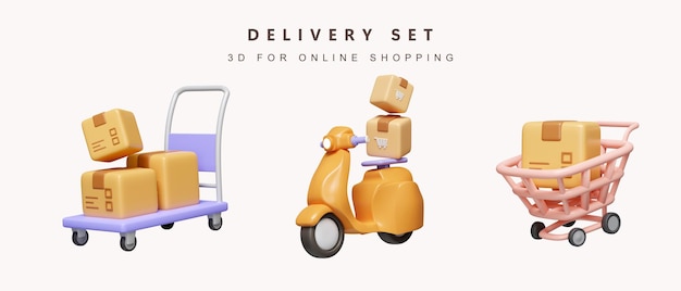 3D-Liefersatz für Online-Shopping-Konzept-Symbol isoliert auf weißem Hintergrund 3D-Rendering-Illustration Beschneidungspfad