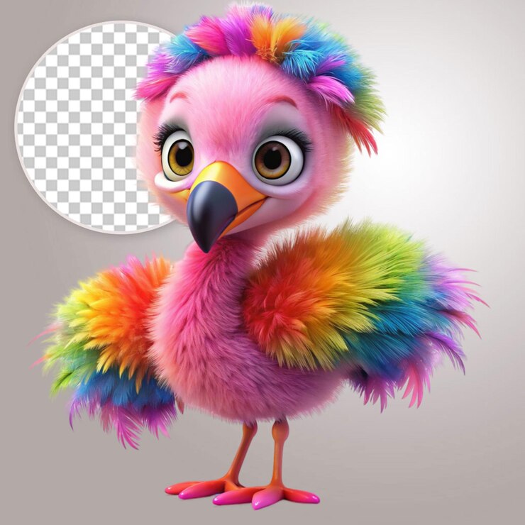 PSD 3d lindo bebé flamenco pájaro rosado con hazaña colorida en fondo transparente
