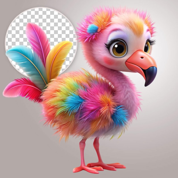 3d lindo bebé flamenco pájaro rosado con hazaña colorida en fondo transparente