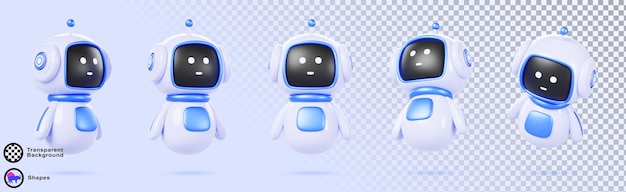 3d lindo robot AI personaje en diferentes ángulos Bot de chat mascota aislado conjunto de iconos de renderización Inteligencia artificial chatbot amigable asistente de apoyo Agente de cyborg eléctrico