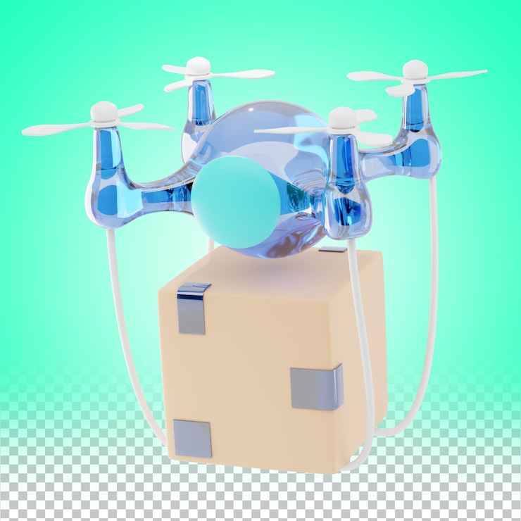 PSD 3d liquid glass drone delivery icon with futuristic transparent glossy logistics design