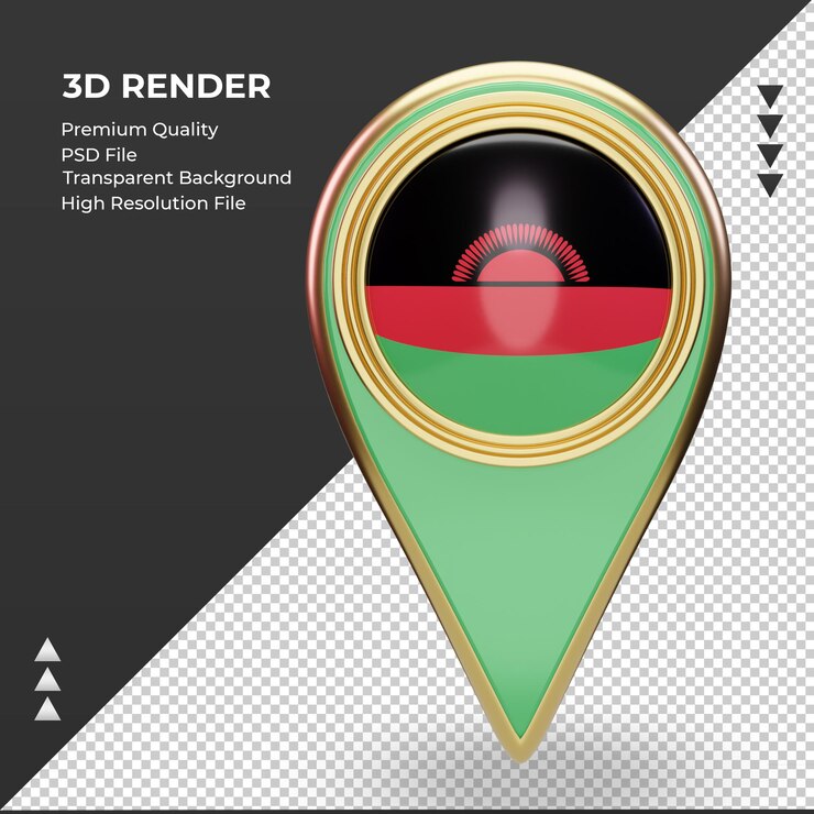 PSD 3d location pin malawi flag rendering front view