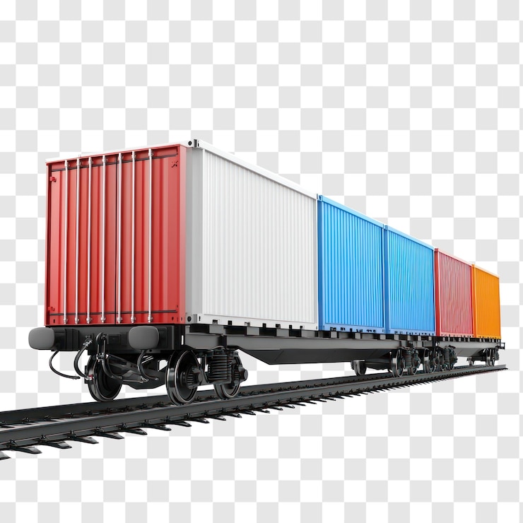 PSD 3d logistica vista laterale del treno isolata su sfondo trasparente
