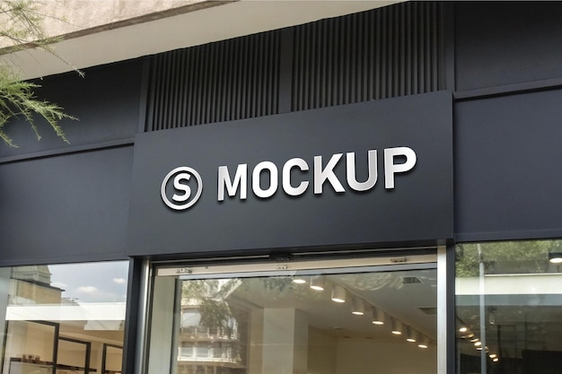 3D-Logo-Mockup auf einem schwarzen Fassadenzeichen des Ladens