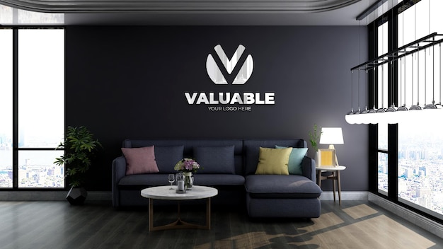 3d-logo-modell im wartezimmer der modernen bürolobby mit blauem sofa