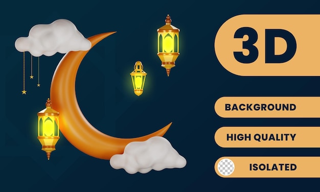 3d luna y nube y linterna ilustración