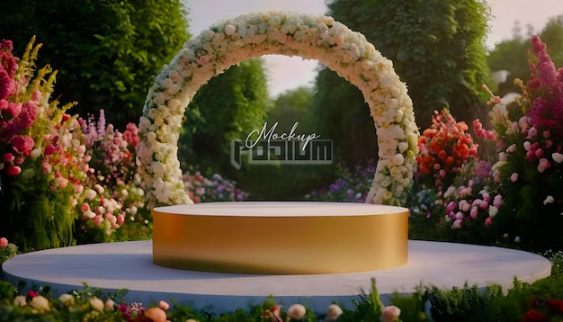 PSD 3d luxe mariage blanc doré étape de la cérémonie de mariage décoré avec des fleurs dans un jardin