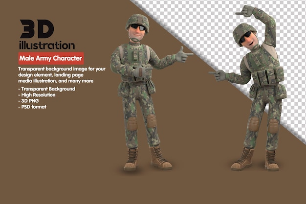 3D-männlicher Armeecharakter 3D-Rendercharakter. 3D-Rendering-PSD