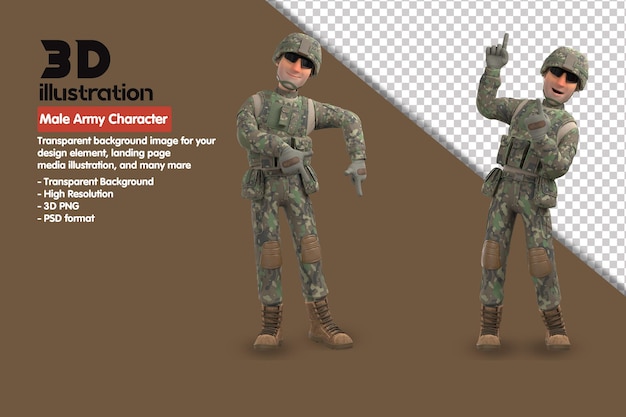 3D-männlicher Armeecharakter 3D-Rendercharakter. 3D-Rendering-PSD