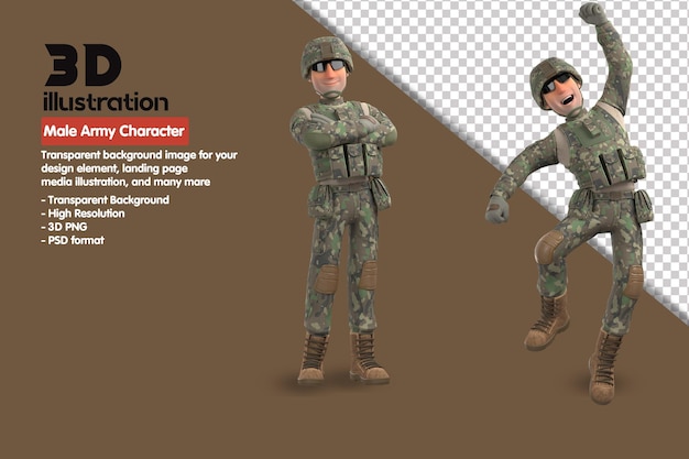 3D-männlicher Armeecharakter 3D-Rendercharakter. 3D-Rendering-PSD