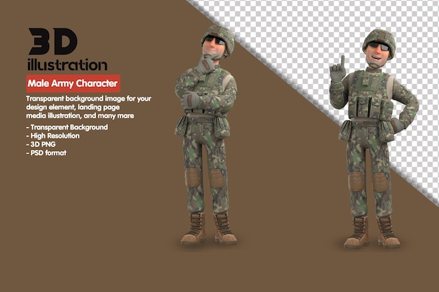 3D-männlicher Armeecharakter 3D-Rendercharakter. 3D-Rendering-PSD