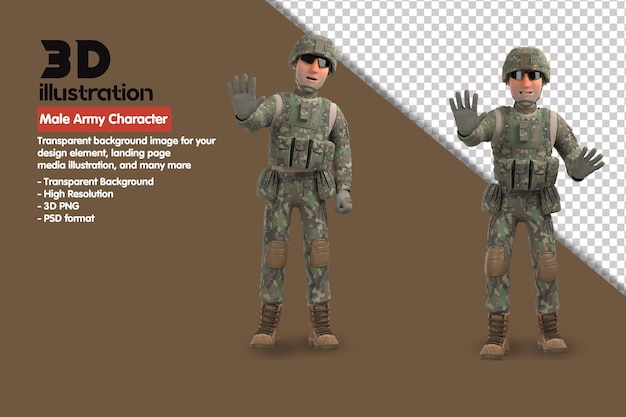 3D-männlicher Armeecharakter 3D-Rendercharakter. 3D-Rendering-PSD