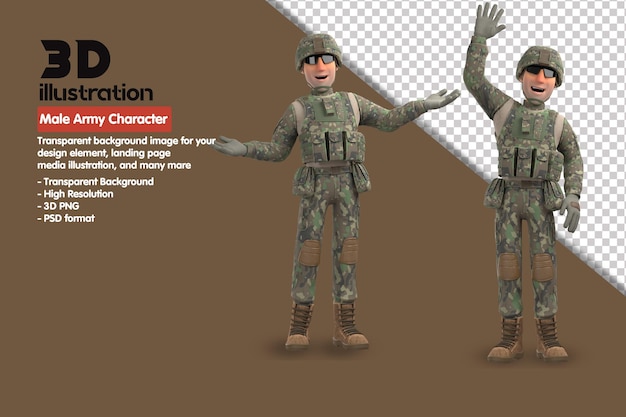 3D-männlicher Armeecharakter 3D-Rendercharakter. 3D-Rendering-PSD