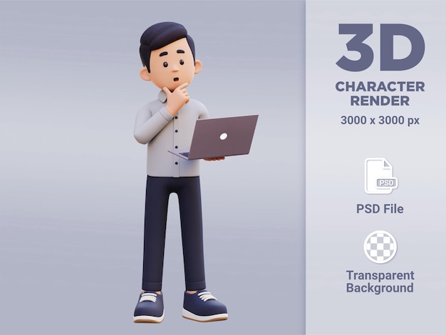 3D-männlicher Charakter, der an einem Laptop denkt und arbeitet