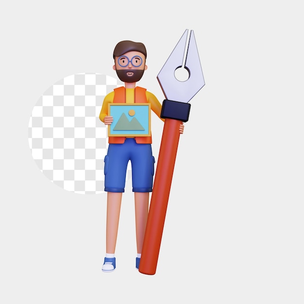 3D männlicher Charakter, der ein Zeichnungsdesign und ein Stiftwerkzeug hält