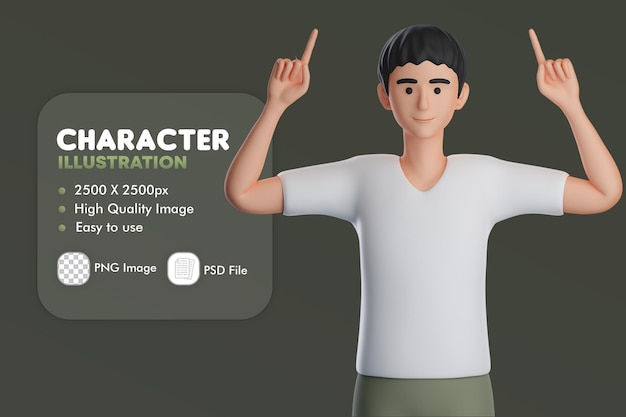 3D-männlicher Charakter, der nach oben zeigt, verwenden Sie beide Hände