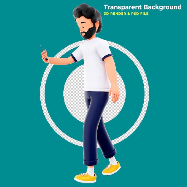 3D-männlicher Charakter Gehen, während Sie in die 3D-Illustration des Telefons schauen