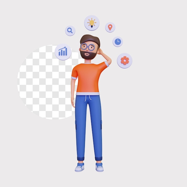 3D männlicher Charakter steht, während er die Mindmap zeigt
