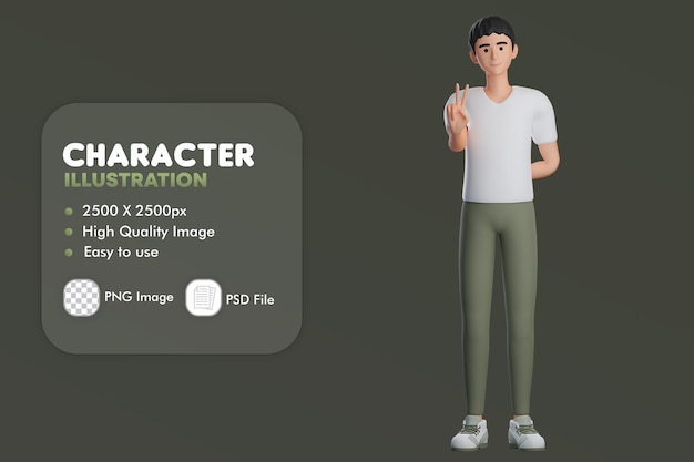3D-männlicher Charakter zeigt niedliche Friedenshandgeste. Verwenden Sie die linke Hand