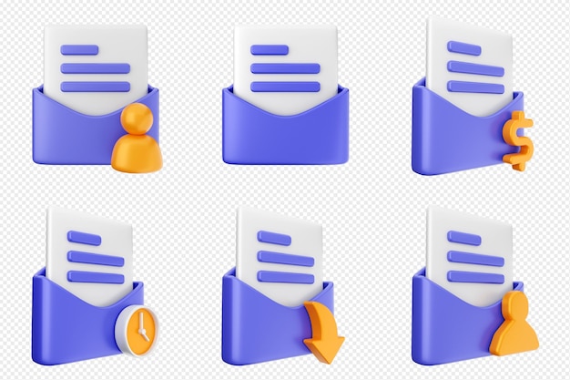3D-Mail-E-Mail-Nachricht Dokument Umschlag-Symbol-Set-Bundel