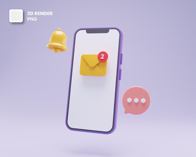 3D-Mail-Umschlag mit Bubble-Chat und Benachrichtigungsglocke für die Messaging-App