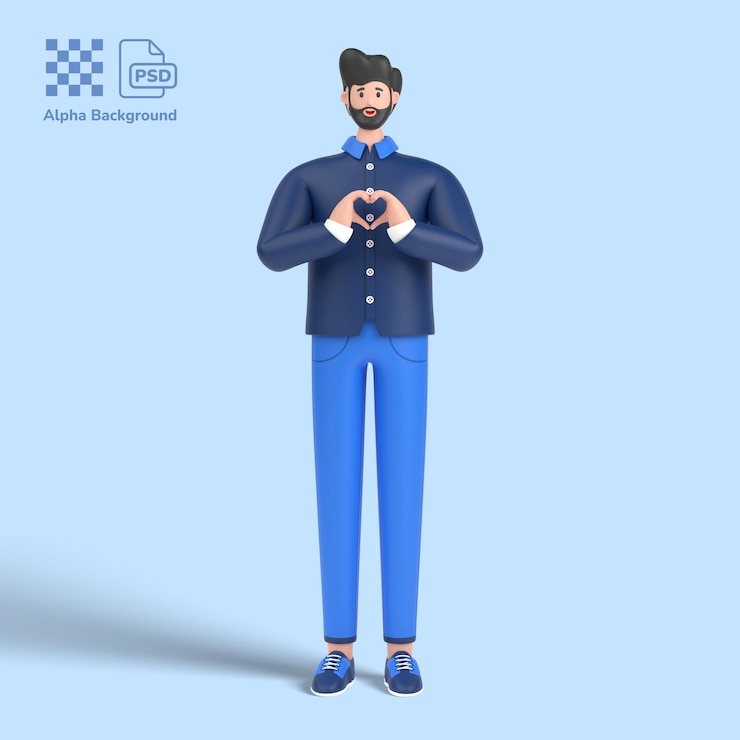 PSD 3d male character showing heart with two hands love sign