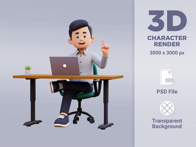 3D Male Character Strikes with an Idea while Working on a Laptop