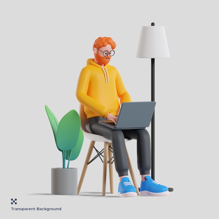 PSD 3d male character working on laptop while sitting in chair