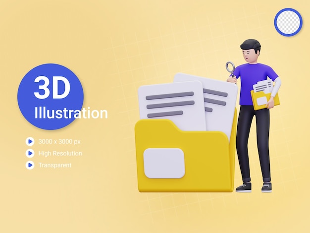 PSD 3d man cherche un fichier dans une illustration de dossier