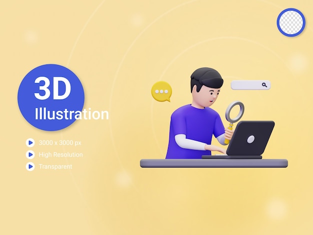 PSD 3d man cherche des informations sur l'illustration internet