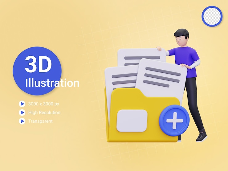 PSD 3d man is adding files to a folder illustration