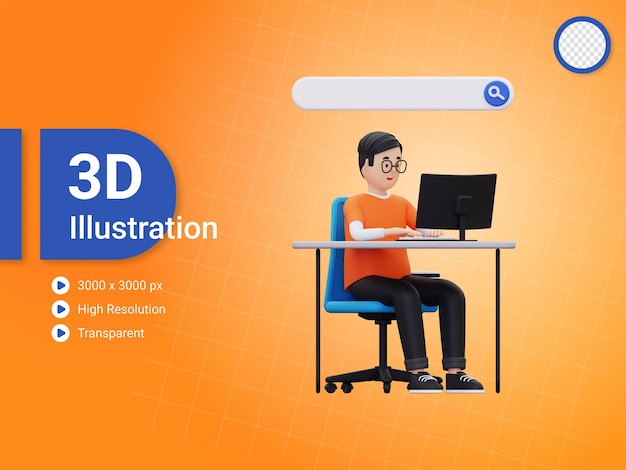 3d-mann beim online-browsing-illustration