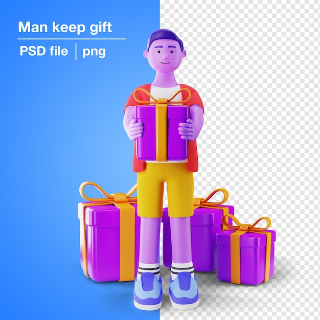 PSD 3d-mann-charakterillustration hält geschenkbox in der hand mockup psd