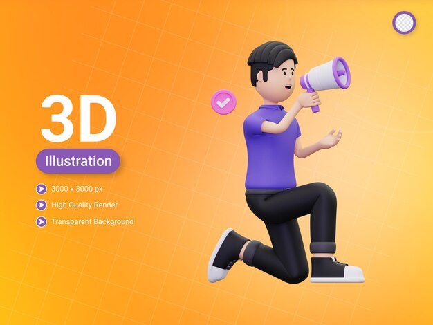 PSD 3d-mann, der marketing-kampagnenillustration macht