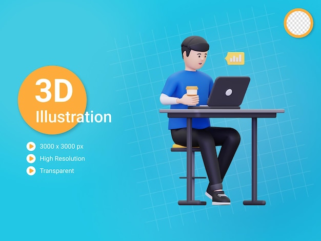 3D-Mann genießt Kaffee, während er an der Laptop-Illustration arbeitet