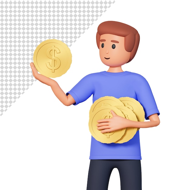 3D-Mann hält in der Hand mehrere goldene Geldmünzen