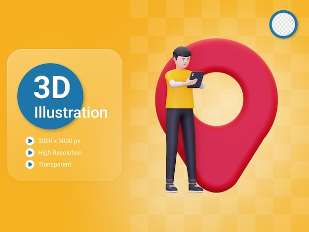 PSD 3d-mann ist auf der standort-pin-illustration