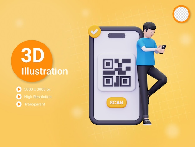 3D-Mann scannt Barcodes mithilfe einer Smartphone-Illustration