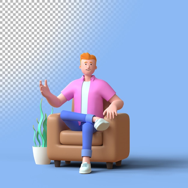 3D-Mann sitzt auf braunem Ledercouch-Talkshow-Lautsprecher